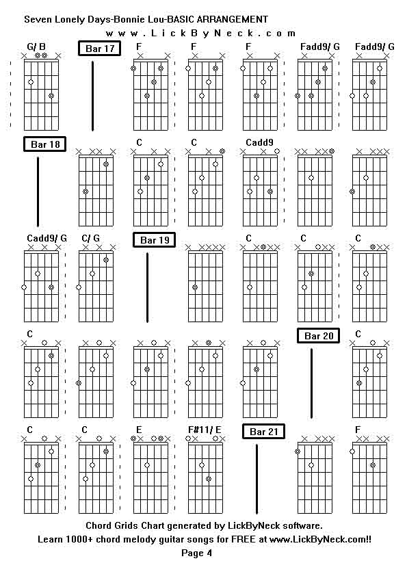 Chord Grids Chart of chord melody fingerstyle guitar song-Seven Lonely Days-Bonnie Lou-BASIC ARRANGEMENT,generated by LickByNeck software.